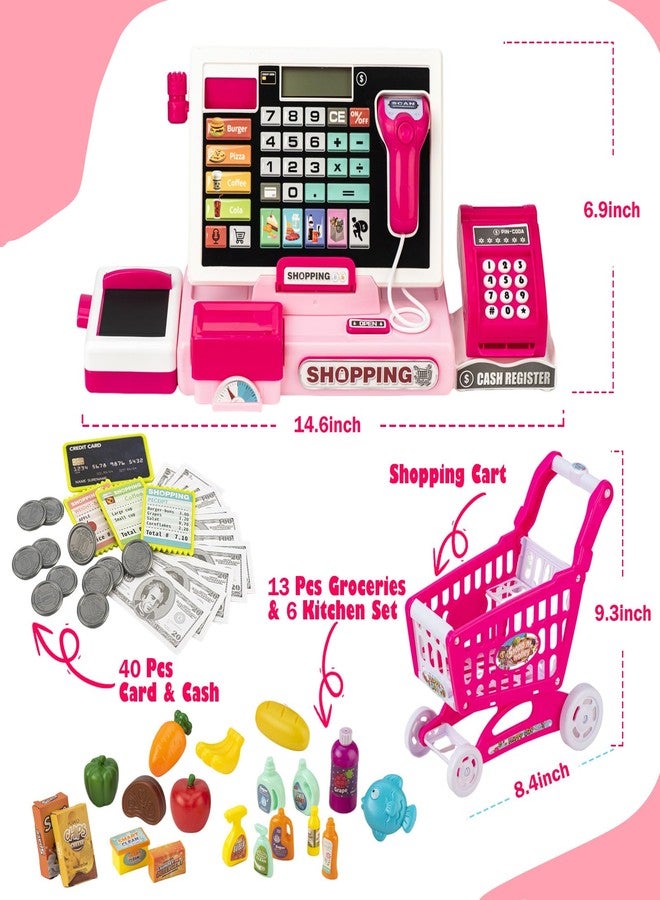 VROGTIK Kids Cash Register Toy with Shopping Cart Toddler Pretend Play Store Cashier Register for Kids with Music / Real Calculator / Scanner Learning Toys for Girls Birthday Gift for 3-8 Year Old Girl - Image 3